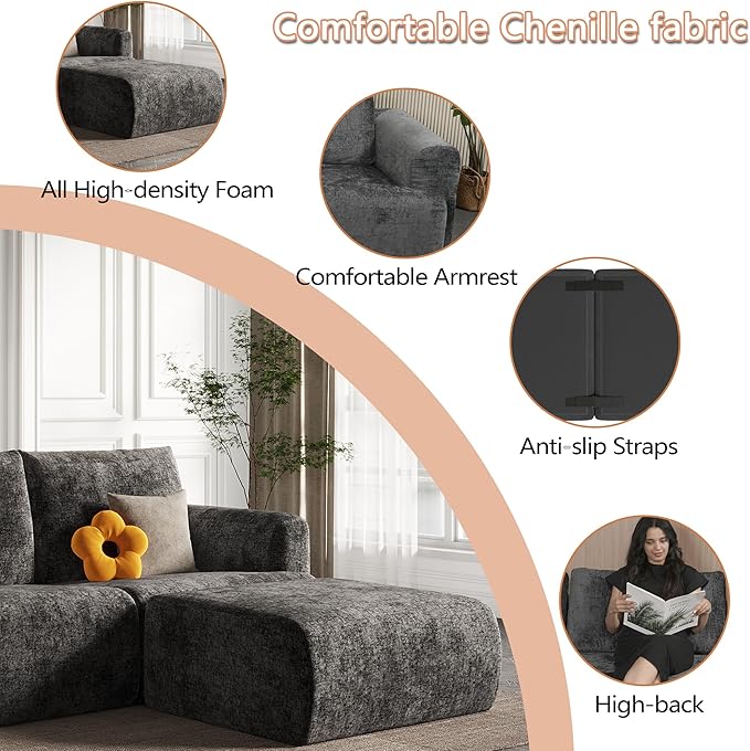 EASE MOOSE Boneless Modular Cloud Couch, Oversized U-Shaped Sectional Sofa for Living Room with Ottoman, Extra Large Movable Couches, 6-Deep-Seat Sofas for Bedroom, Apartment, Chenille (Dark Grey)