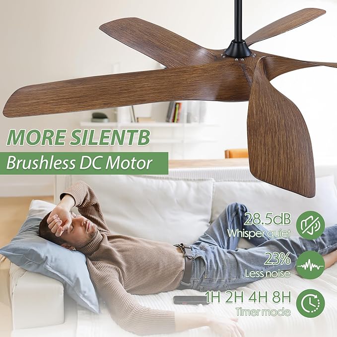 60 Inch Ceiling Fans with Lights and Remote,5 Blades Large Walnut Ceiling Fan, Outdoor Ceiling Fan with 6 Speeds,Reversible DC Motor, Timer for Living Room, Farmhouse, Patio(Dark Brown)