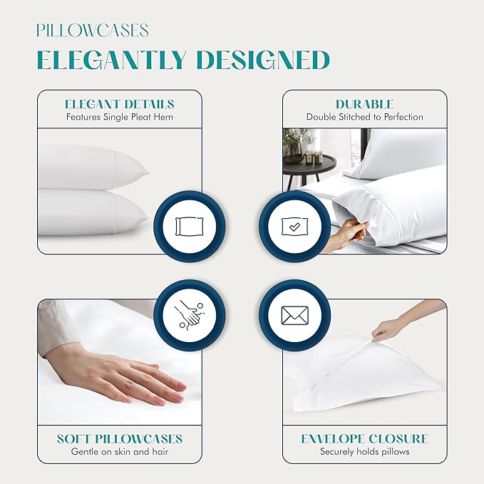 XOOX Linen 100% Egyptian Cotton Pillow Cases King Size Set of 2 - Luxury 1200 Thread Count Sateen Teal Pillow Covers, Soft & Breathable 5 Star Hotel-Quality Pillowcases, Fits King Size Pillows