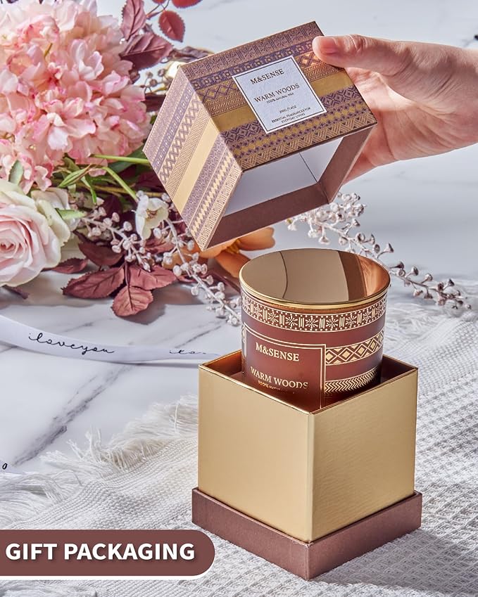 M&SENSE Christmas Candles - Warm Wood Scented Candle for Home, 7.4 Oz, 45 Hour Burn Time, Fall Winter for Men & Women, Xmas Thanksgiving Gift