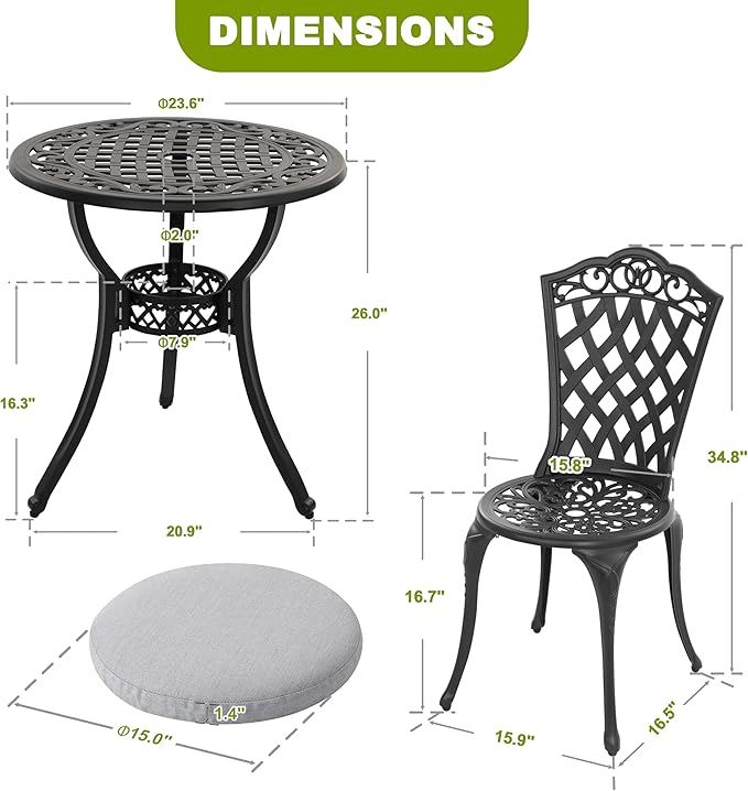 NUU GARDEN Outdoor Cast Aluminum Bistro Set, 3-Piece Patio Bistro Set with Table and 2 Chairs, Weather-Resistant Furniture with Gray Cushions and Umbrella Hole for Balcony, Garden, Lawn, Black