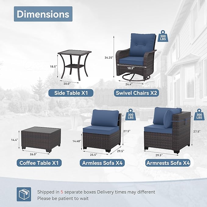 Kurapika 12 Pieces Patio Furniture Set, Rattan Wicker Sofa Set, Outdoor Conversation Sets w/Swivel Rocking Chairs Patio Sectional Sofa w/4 Inch Cushion, Navy Blue