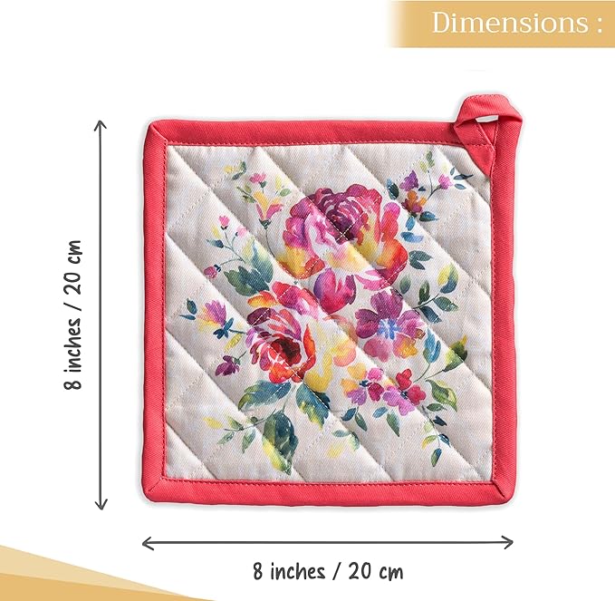 Maison d' Hermine Pot Holders 100% Cotton Heat Resistant Potholders 8" x 8" Hot Pads with Loop BBQ, Cooking, Baking, Grilling, Kitchen, Handling Hot Pans Spring/Summer (Pack of 1, Rose Garden)