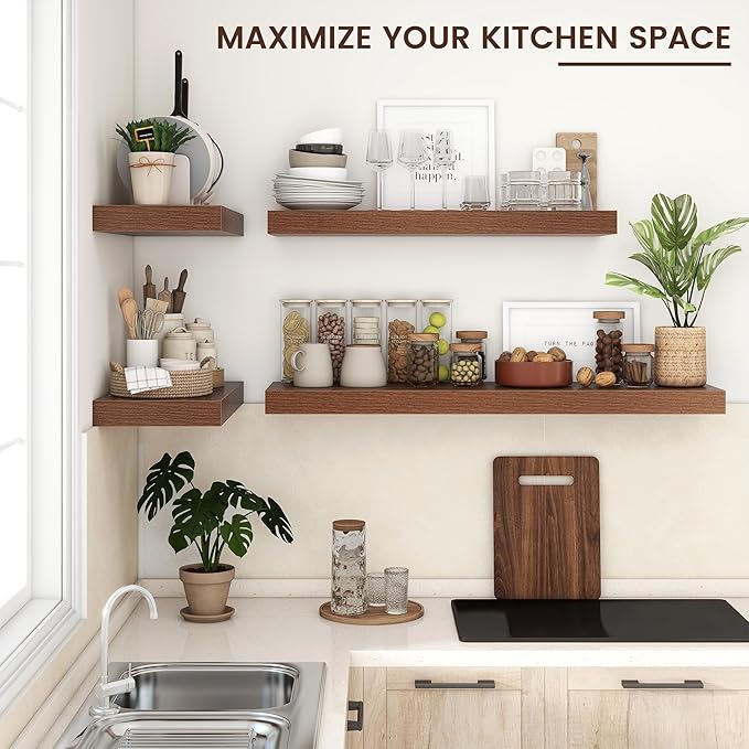 Floating Shelves for Wall, 48 Inch Wide x 12 Inch Deep Floating Shelves, Long Wood Floating Wall Shelf Shelves for Living Room Bathroom Bedroom Kitchen Home - (Walnut, 48" W x 12" D x 2" H)