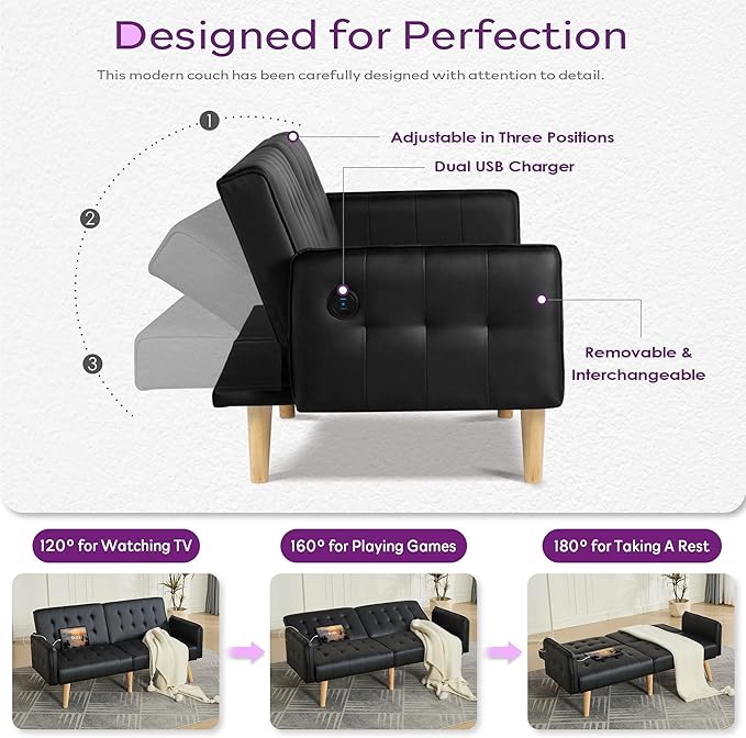 TYBOATLE Faux Leather Convertible 65'' Folding Futon Sofa Bed w/ 2 USB, Loveseat for Small Space, Apartment, Dorm, Living Room, Office, Black