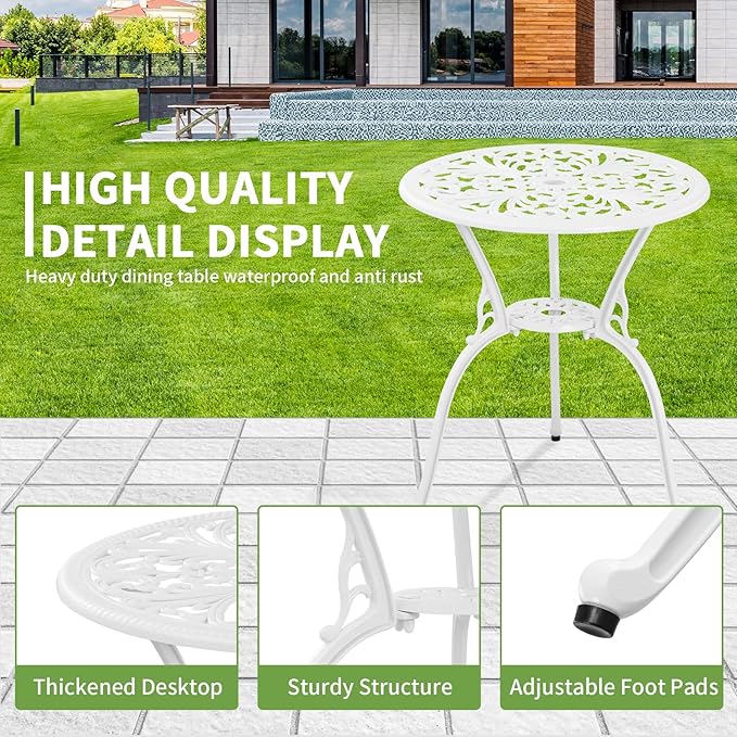 Patio Bistro Sets, Cast Aluminum Bistro Table and Chairs Set of 2 with Umbrella Hole, Bistro Set 3 Piece Outdoor, Metal Patio Furniture Set for Garden Porch, White