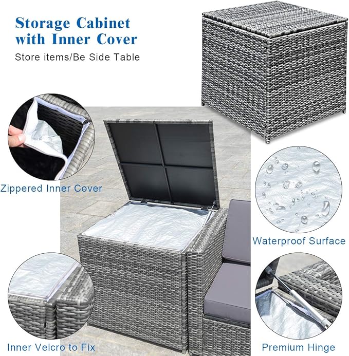 HAPPYGRILL 8 Pieces Patio Conversation Set Outdoor Rattan Furniture Set Sectional Wicker Sofa Set with Cushions and Storage Table for Backyard Garden Poolside