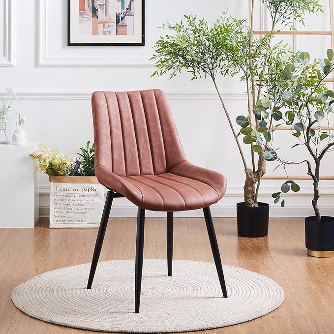 Dining Chairs Set of 4, Faux Leather Modern Linear Design Dining Chair with Metal Legs, 16.9" Seat Width Chair for Kitchen, Lounge, Reception Room, Restaurant, Commercial (Brown)