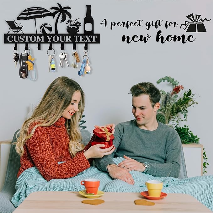 Personalized Key Holder for Wall - Beach Theme Key Holder Wall Mounted, Metal Coat Rack Hook Organizer, Key Rack Wall Hanging for Living Room, Bathroom, Entryway, Home Decor Housewarming Gifts