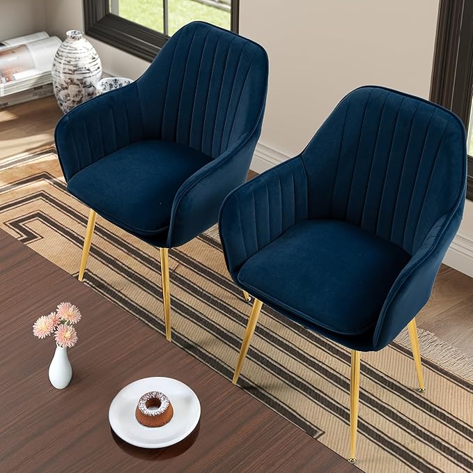 ECOTOUGE Matte Velvet Dining Chairs Set of 2, Modern Arm Chair with Golden Metal Legs, Living Room Accent Chairs for Kitchen, Blue