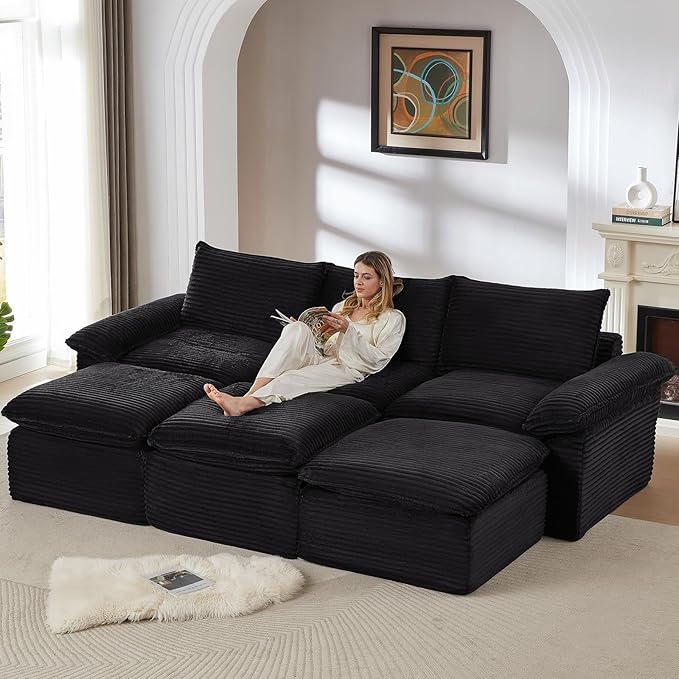 111" Cloud Sectional Couch, Corduroy Sectional Sofa with Ottoman, Boneless Couch with Deep Seat in a Box for Living Room, No Assembly Required (Black)