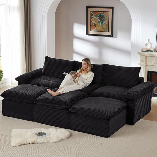 141.74" Sectional Couches for Living Room Modern Modular Sofa with U-Shape Couchs Upholstered Corduroy Boneless Couch Deep Seat Cloud Couch with Ottoman, No Assembly Required, Black
