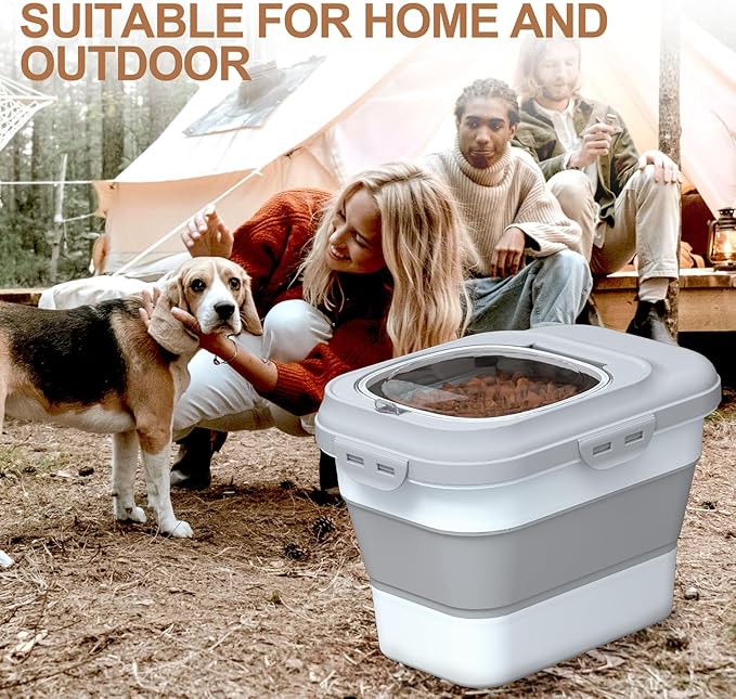 Dog Food Storage Container Small, 10-13lbs Collapsible Dog Cat Food Containers with Airtight Clear Flip-top and Pet Food Scoop, Pet Food Storage Container Bin for Dog Cat Bird Other Pets Grey