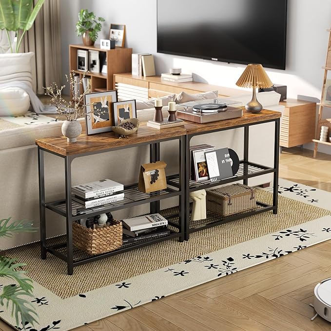 32" Small Console Table with Storage, Narrow Entryway Table, Sofa Table for Living Room, Sturdy 3-Tier Console Tables for Living Room, Hallway, Foyer & Bedroom, Rustic Brown