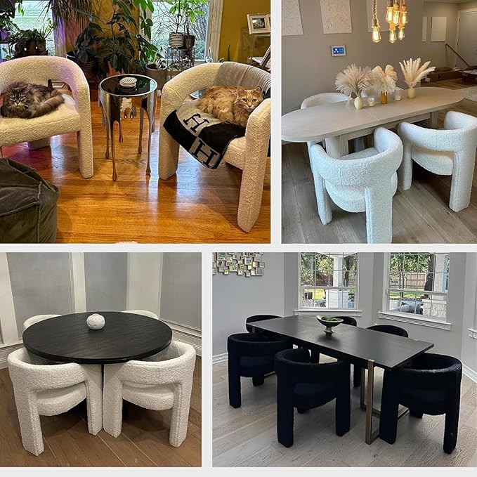 Modern Sherpa Dining Chairs Set of 6, Upholstered Barrel Chairs with Arms Comfy Accent Side Chairs for Living Room/Dining Room/Reception, White