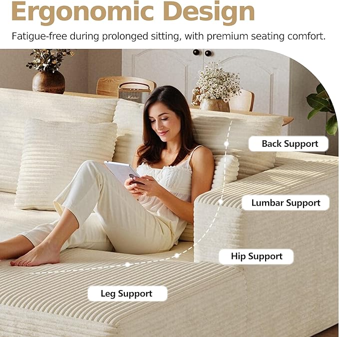 108'' Modular Sectional L-Shaped with Chair,Deep Seat Boneless Corner Couch for Living Room,Plush Corduroy Couch with Detachable Sofa Set,No Assembly(Right Facing Chaise，Beige)