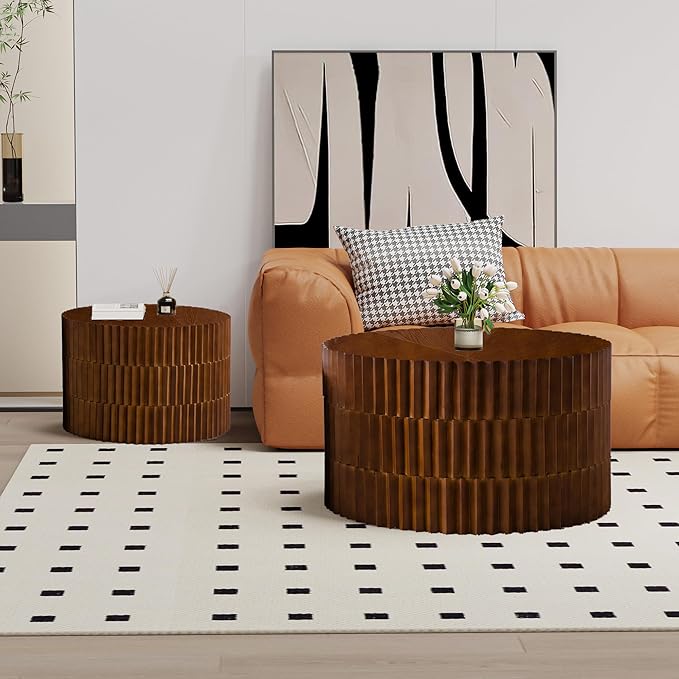 Round Nesting Coffee Table Set of 2, Round Fluted Coffee Tables for Living Room Modern Nesting End Side Tables for Small Spaces (B Brown)