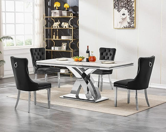 Goujxcy 5-Piece Dining Table Set Modern Faux Marble Dining Table Set for 4, Luxury 68" Long Faux Marble Kitchen Table with 4 Velvet Upholstered Chairs, Mirrored Stainless Steel Base