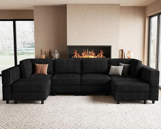 114.2" U Shaped Sectional Sofa,6 Seat Corduroy Couch,Comfy Modular Sectional Sofa with Storage Movable Ottoman Chaise,Upholstered Sectional Couches for Living Room,Black