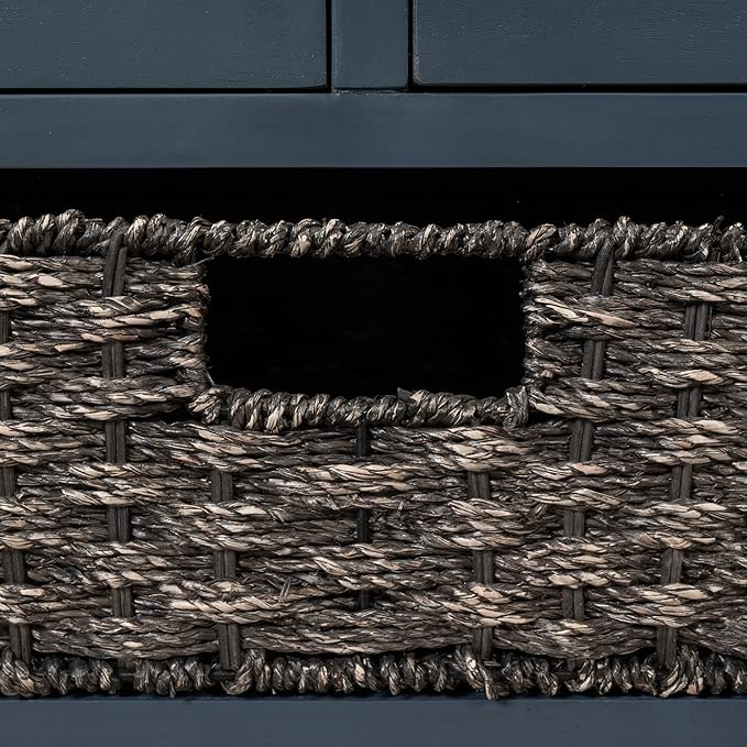 Entryway Shoe Storage Bench with Cushion, Fully Assembled Solid Wood Bench with 2 Drawers and Removable Basket for Hallway, Bedroom or Living Room (Navy)