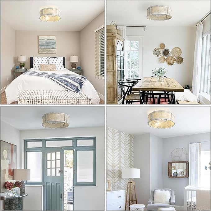 20" Boho Ceiling Fans with Lights, Rattan Flush Mount Ceiling Fan with Light Remote Control with Caged 6 Speeds for Bedroom, Nursery, Living Room (White)