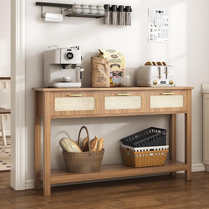 ELYKEN 51.2" Entryway Table with 3 Rattan Drawers, Boho Console Table Narrow with Storage, Long Sofa Table for Behind Couch Entry Hallway, Entrance, Living Room, Oak Brown