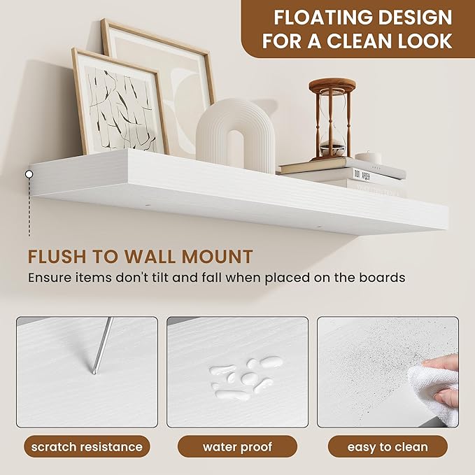 fuqing Floating Shelves for Wall, Wall Mounted Wood Floating Shelf with Invisible Brackets for Living Room, Bathroom, Bedroom, Kitchen Storage and Decor, 32 Inch Set of 2, White
