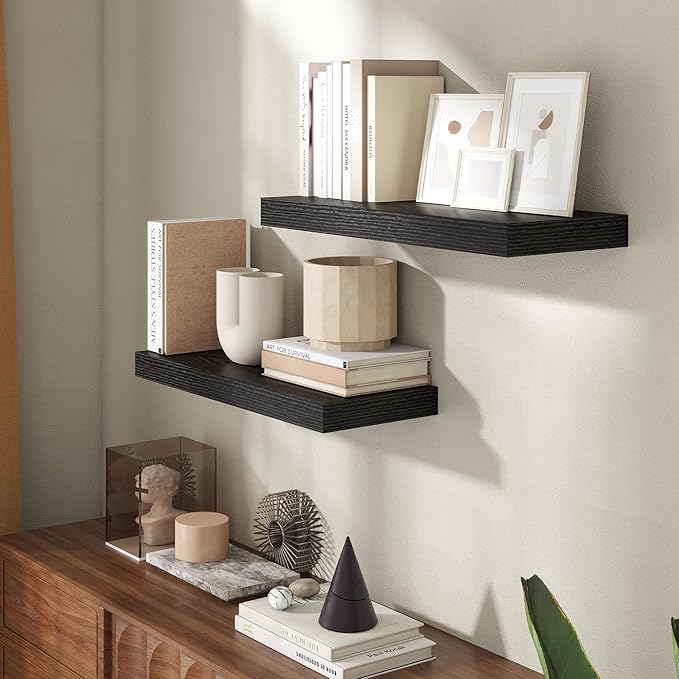 24 Inch Floating Shelves for Wall, 8 Inch Deep Floating Shelf for Storage & Display, Rustic Wall Mounted Shelf with Invisible Brackets for Living Room, Kitchen, Bathroom, Home Decor, Set of 2, Black