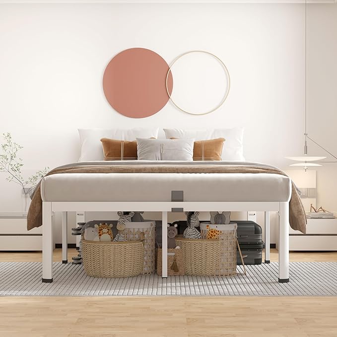 ROIL 18 Inch White Queen Bed Frame with Rounded Corner and Headboard Hole Mattress Retainers 3500LBS Heavy Duty Steel Slats No Box Spring Needed Platform Noise-Free Easy Assembly