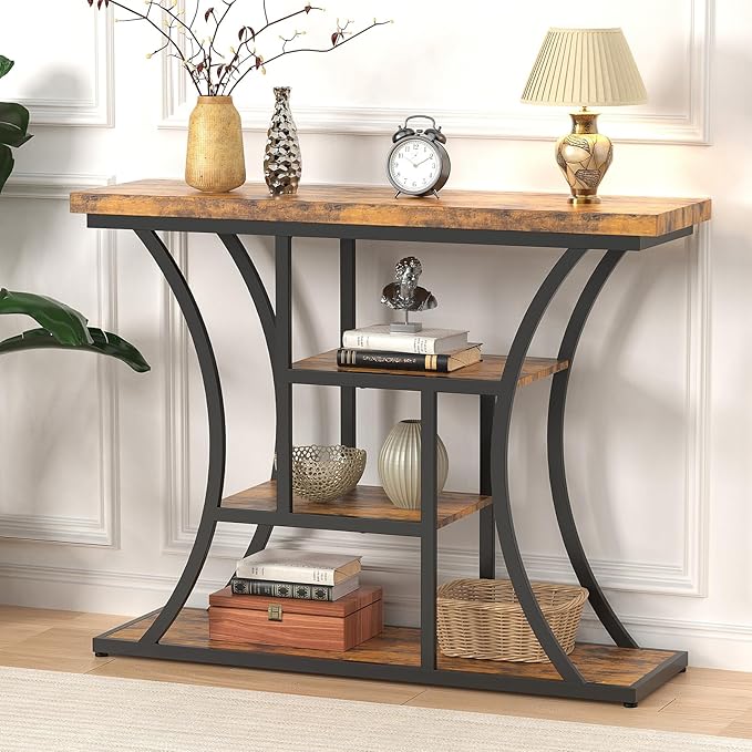 41.3" Industrial 4 - Tier Console Table with Curved Metal Frame, Narrow Long Sofa Table & Entryway Table with Storage Shelves for Living Room, Accent Table for Hallway Furniture Foyer