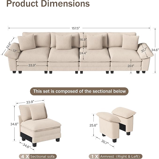 PHI VILLA Cloud Modular Couches Sets, 157.5" Sectional Sofa with Upholstered Deep Seat, 4-Seater Long Couches for Living Room Apartment, Corduroy Fabric, Beige