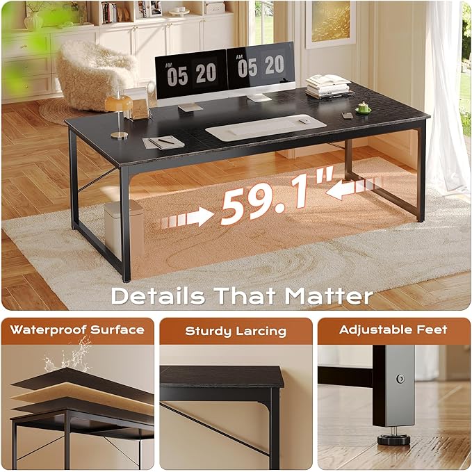 PRAISUN 63 X 29.5 Inch Computer Desk with Deeper Desktop, Gaming Office Writing Work Desk for Home Office, Study, Bedroom, Work from Home, Metal Frame, Black