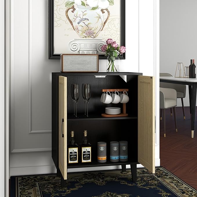Panana Buffet Cabinet Sideboard with Rattan Decorated Doors Kitchen Storage Cupboard Accent Cabinet (Black)