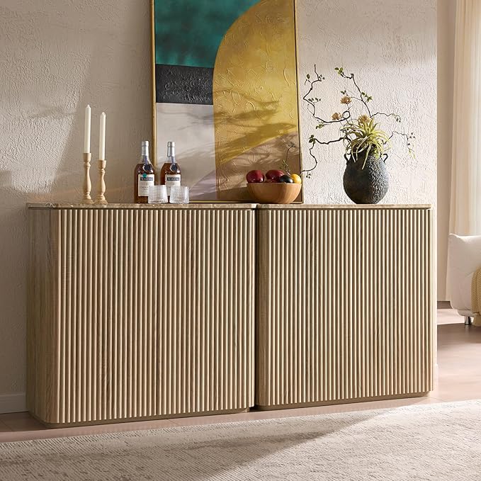 Fluted 2 Doors Sideboard Cabinet with Storage-Wooden Credenza w/Shelves, Faux Marble-Top Coffee Bar Console Table, Modern Buffet Cabinet for Dining, Kitchen, Living Room, Entryway, Natural Oak, 2pcs