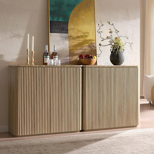 Fluted 2 Doors Sideboard Cabinet with Storage-Wooden Credenza w/Shelves, Faux Marble-Top Coffee Bar Console Table, Modern Buffet Cabinet for Dining, Kitchen, Living Room, Entryway, Natural Oak, 2pcs