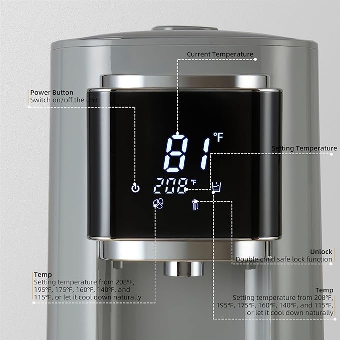 OCTAVO Water Boiler & Warmer 5 Liter, 304 Stainless Steel Water Tank, 700 Watt 6 Adjustable Water Temperature, LCD Touch Control Screen, Child Lock with Water Shortage Indicator