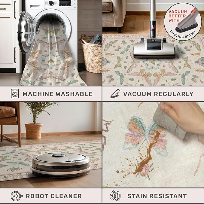 Pastel Pink Girls Rugs for Bedroom 6x8 - Washable Area Rug for Living Room, Dining Room Under Table, Boho Butterfly Cut Design, Low Pile & Soft Stain Resistant Carpet