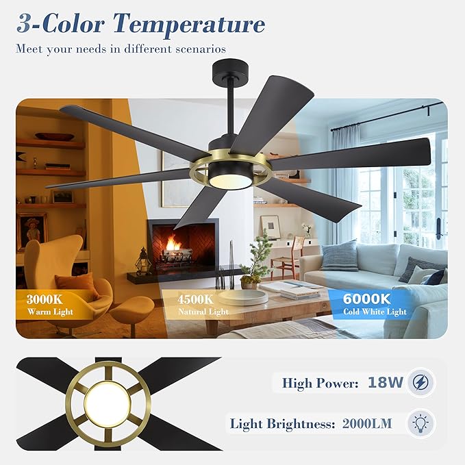 ELEHINSER 60" Ceiling Fan with Lights - 6 ABS Plastic Blades, 3 Downrods, 6-Speed Reversible DC Motor, 3CCT, Windmill Ceiling Fan for Kitchen Bedroom Living Room, Black and Brass