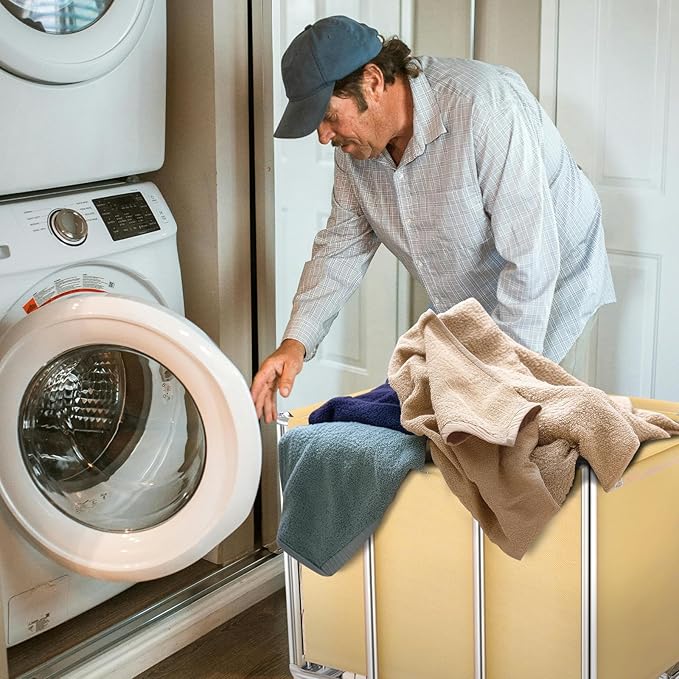 Commercial Laundry Cart with Wheels, 11.35 Bushel Large Laundry Tumbler with Removable Waterproof Canvas Lined Basket, Heavy Duty Stainless Steel Laundry Basket for Hotels and Hospitals
