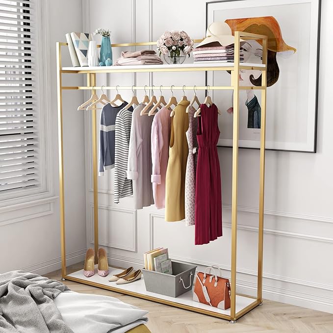 Heavy Duty Gold Clothing Rack with Shelves for Hanging Clothing, Gold Metal Freestanding Garment Rack for Retail Display (59" L)