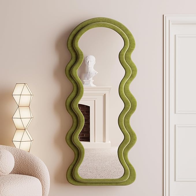 BOJOY Full Length Mirror, 63" x 24" Wall Mirror, Flannel Wrapped Wooden Frame Floor Mirror, Irregular Wavy Mirror Hanging or Leaning Against Wall for Cloakroom/Bedroom/Living Room - Green