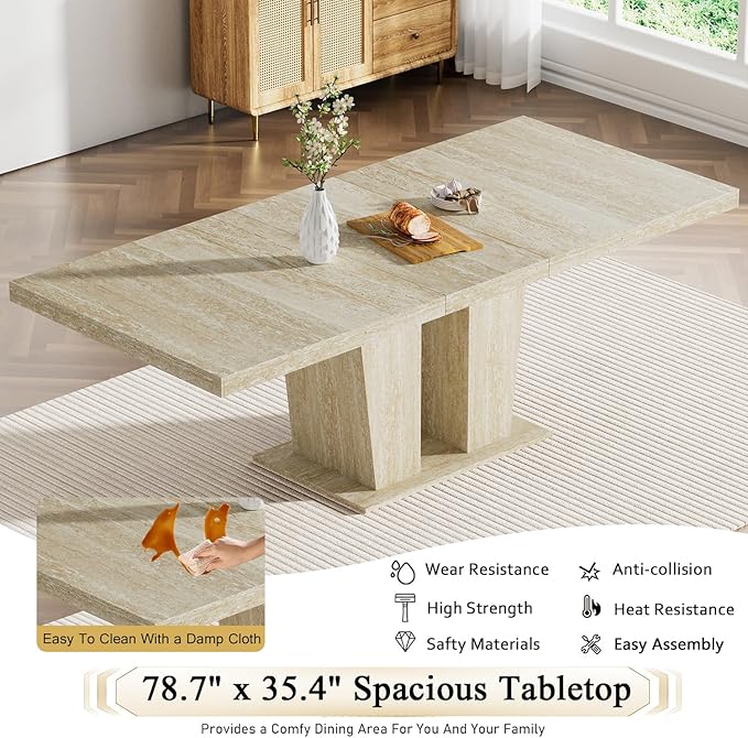 Goujxcy 9-Piece Extendable Dining Table Set for 8, 63-78 Inch Faux Travetine Kitchen Table Set with 8 Green Upholstered Chairs Modern Wood Expandable Dining Room Table Set for Kitchen Apartment