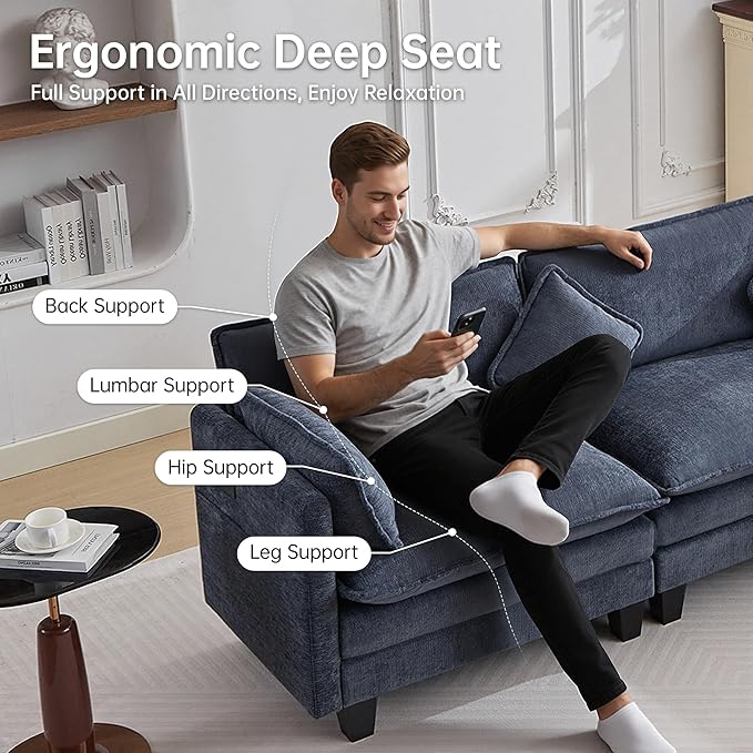 108" Modern L-Shaped Sectional Sofa with USB & Type-c Port Charger, Modular Cloud Couch, Deep Seating Chenille Fabric 4-Seater with Ottoman and Pillows for Living Room (Blue)