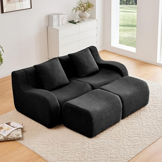 Black Modular Cloud Couch Loveseat with 2 Ottomans, Modern Teddy Fabric Boneless Sectional Sofa in a Box for Living Room, Deep Seat Floor Couch, No Assembly Required, Sofas para Sala