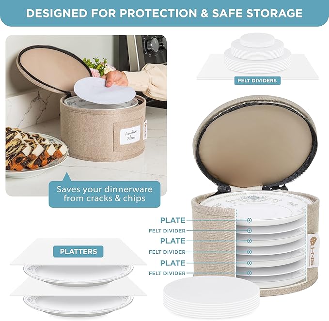 Hard Shell China Storage Containers 12-Piece Set Moving Boxes for Dinnerware, Glasses, Plates, Mugs and Saucers Sturdy Dish Organizer with Dividers for Seasonal Storage - Service for 12 - Brown