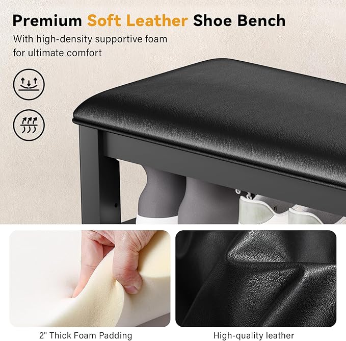 Shoe Bench Storage Rubberwood with Leather Cushion for Entryway Bench Ideal for Hallways Shoe Rack Front Doors Entrances Mudrooms Featuring 3 Height-Adjustable and Removable Shelves