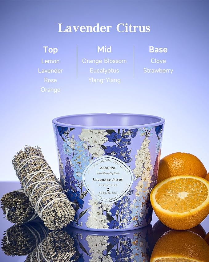 M&SENSE Lavender Citrus Scented Candle, 28.2oz 3 Wick Natural Soy Wax Large Candles, Long Lasting Clean Slow Burning No Toxic Décor for Home Relaxation, Romantic Dates & Gift-Giving