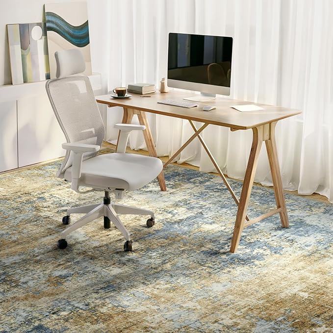 Area Rug Living Room Rugs - 5x7 Modern Abstract Soft Indoor Neutral Washable Rug Stain Resistant Non-Slip Low Pile Carpet for Bedroom Dining Room Home Office - Blue/Grey/Yellow