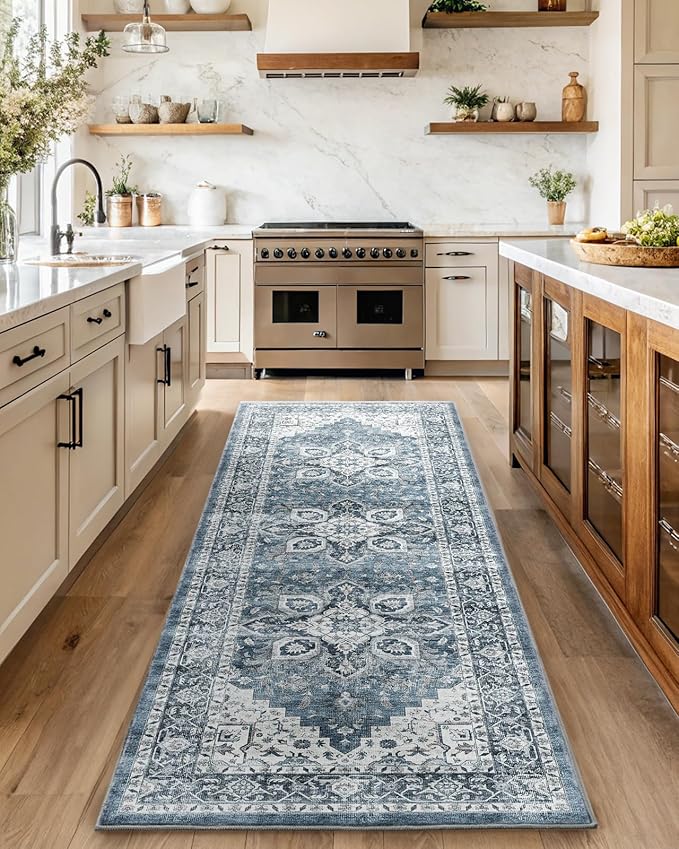 AMADA HOMEFURNISHING 2.7x8 Washable Runner Rug, Low-Profile Kitchen Runner Rugs with Non-Slip Backing & Durable Edge Binding, Vintage Entryway Rug for Bedroom & Hallway