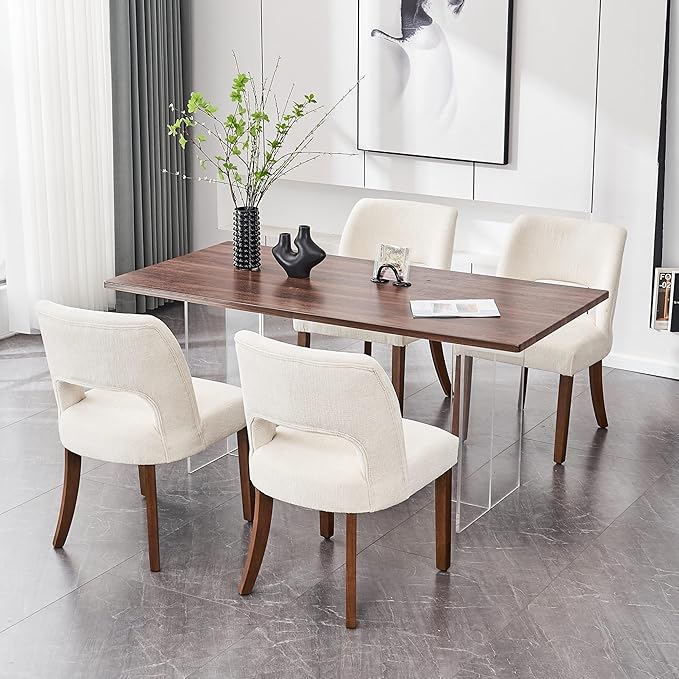 VKNOW Wooden Dining Chairs Set of 4, Modern Fabric Upholstered Dining Room Chair Kitchen Chairs, Farmhouse Dinner Chair for Kitchen Dining Room, Cream